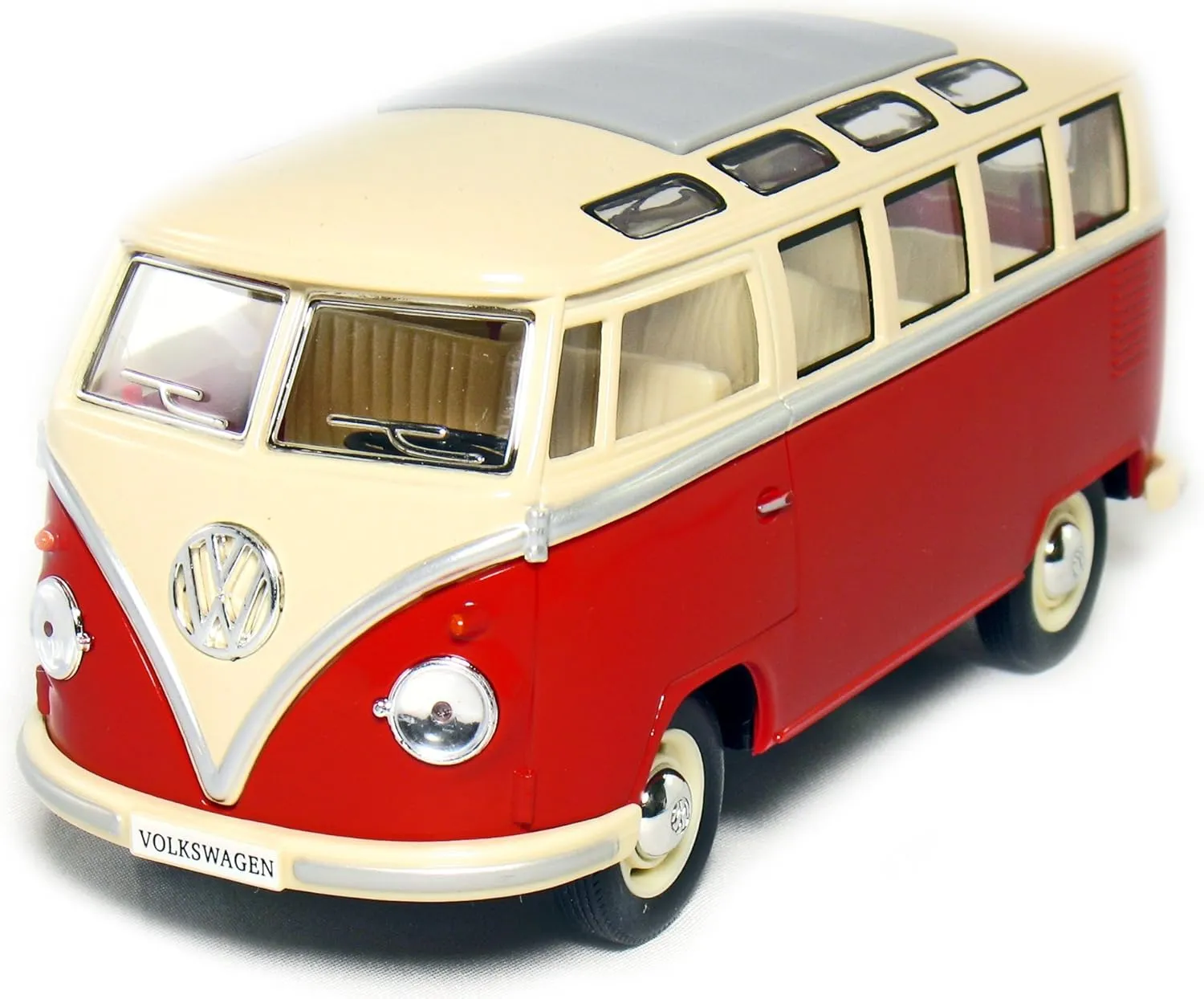 KINGSMART 1962 Volkswagen Classic Hippy Bus 7" 1:24Scale Red Die Cast Metal Model Toy Pull Back Action Car