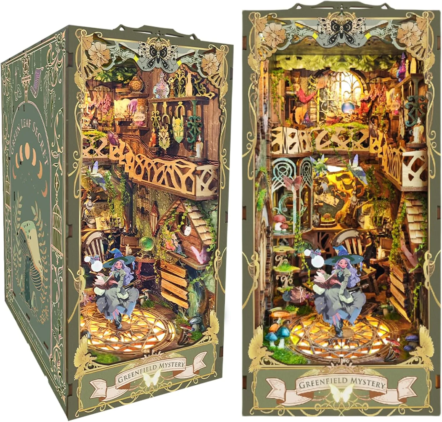 Kisoy DIY Book Nook Miniature Kit with 3D Wooden Puzzle, DIY Manual Book Stand for Bookshelf Insert Decor for Creative Assembled Bookends (Greenfield Mystery)