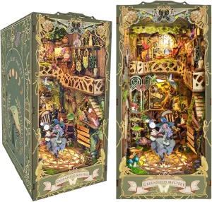 Kisoy DIY Book Nook Miniature Kit with 3D Wooden Puzzle, DIY Manual Book Stand for Bookshelf Insert Decor for Creative Assembled Bookends (Greenfield Mystery)