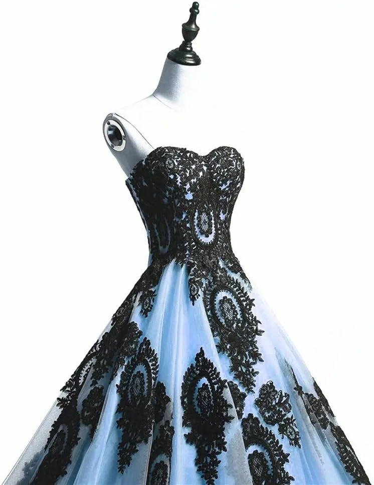 Kivary Long Ball Gown Black Lace Gothic Corset Formal Prom Evening Dresses