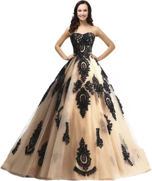 Kivary Long Ball Gown Black Lace Gothic Corset Formal Prom Evening Dresses