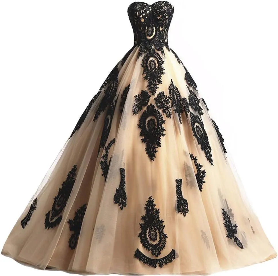 Kivary Long Ball Gown Black Lace Gothic Corset Formal Prom Evening Dresses