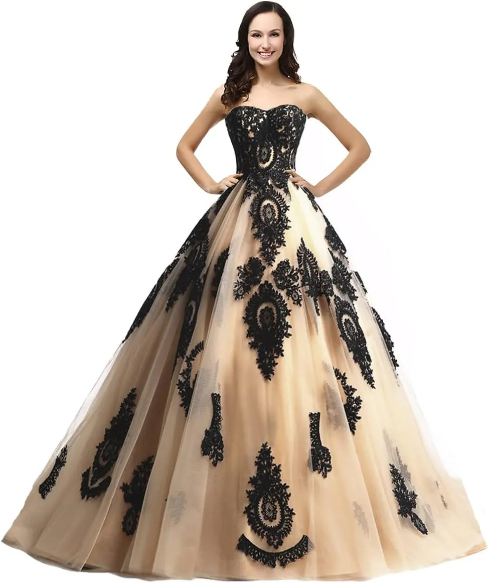 Kivary Long Ball Gown Black Lace Gothic Corset Formal Prom Evening Dresses