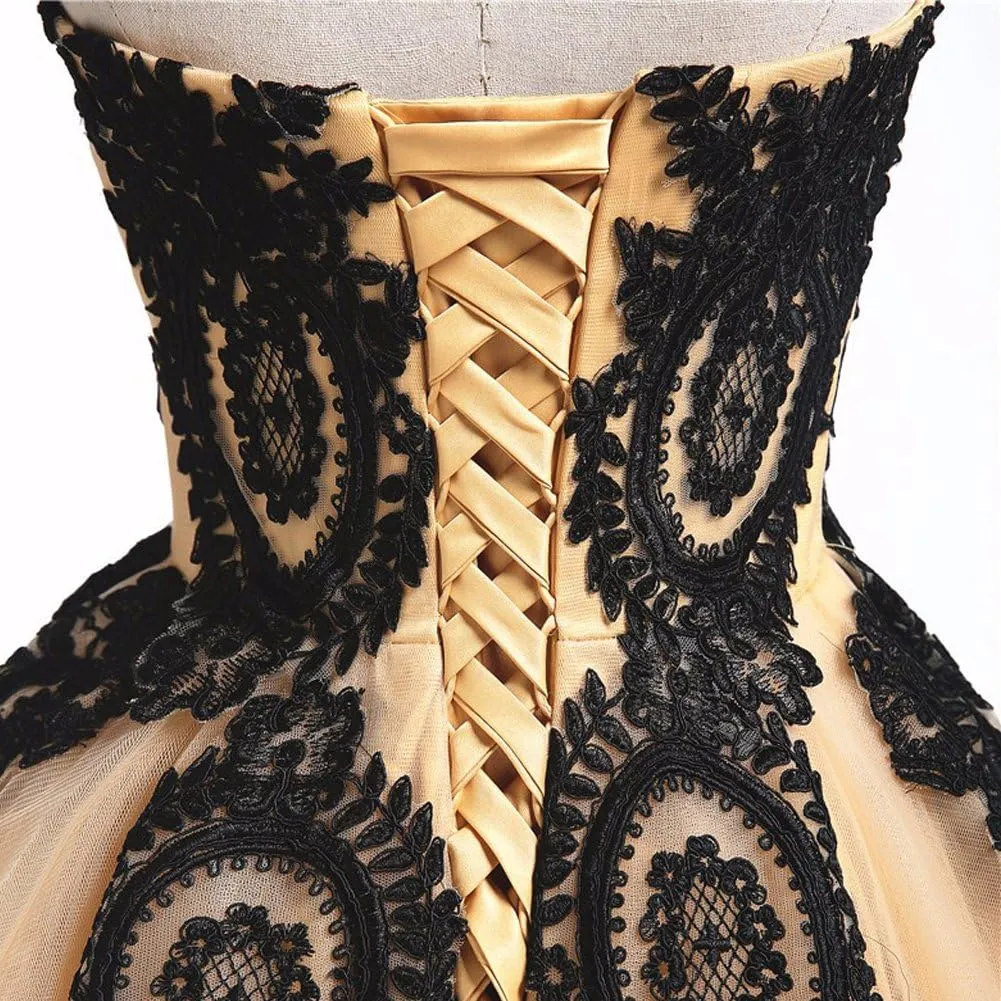 Kivary Long Ball Gown Black Lace Gothic Corset Formal Prom Evening Dresses