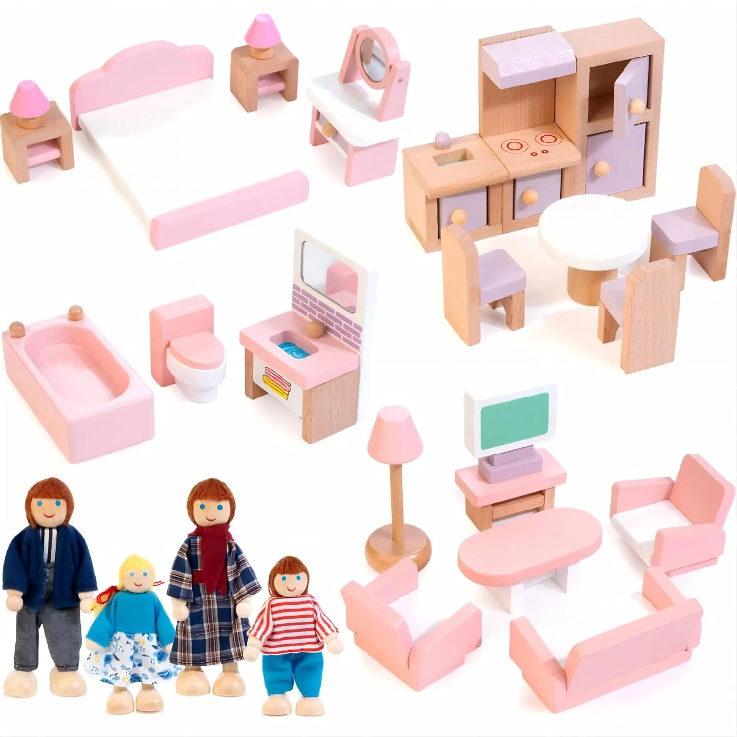 Kizfarm Wooden Dollhouse Furniture Set with 4 Family Dolls, 26 Pcs Pretend Play Dollhouse Accessories for 4 Rooms, Pink Furniture Toys Birthday Gifts for Girls Boys Age 3 