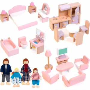 Kizfarm Wooden Dollhouse Furniture Set with 4 Family Dolls, 26 Pcs Pretend Play Dollhouse Accessories for 4 Rooms, Pink Furniture Toys Birthday Gifts for Girls Boys Age 3 