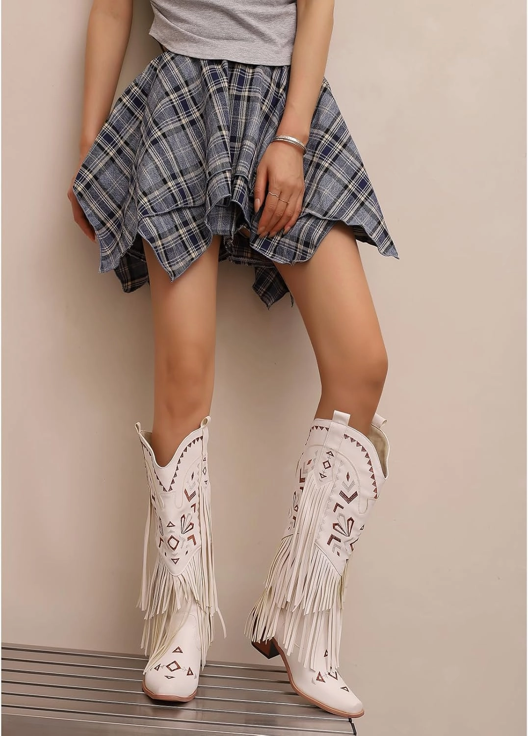 Kluolandi Fringe Cowboy Boots for Women Western Knee High Boots Embroidered Chunky Heel Retro Cowgirl Boots
