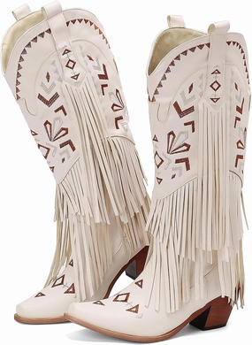 Kluolandi Fringe Cowboy Boots for Women Western Knee High Boots Embroidered Chunky Heel Retro Cowgirl Boots