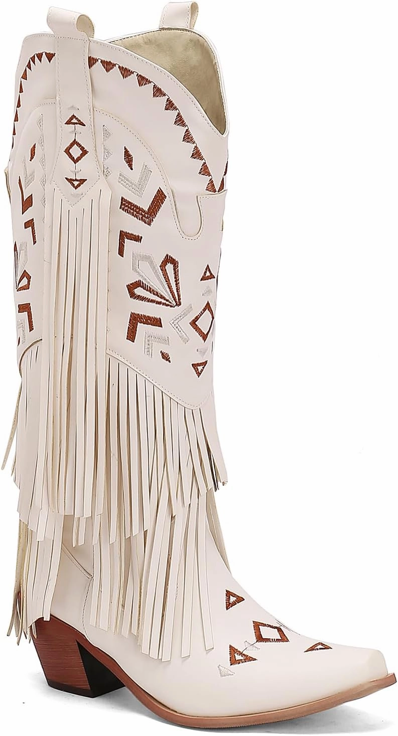 Kluolandi Fringe Cowboy Boots for Women Western Knee High Boots Embroidered Chunky Heel Retro Cowgirl Boots