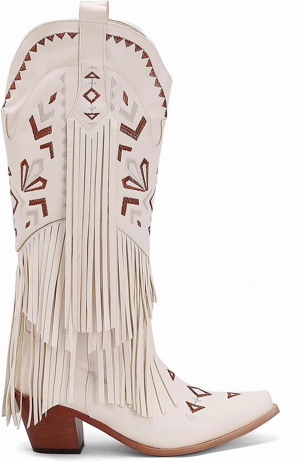 Kluolandi Fringe Cowboy Boots for Women Western Knee High Boots Embroidered Chunky Heel Retro Cowgirl Boots