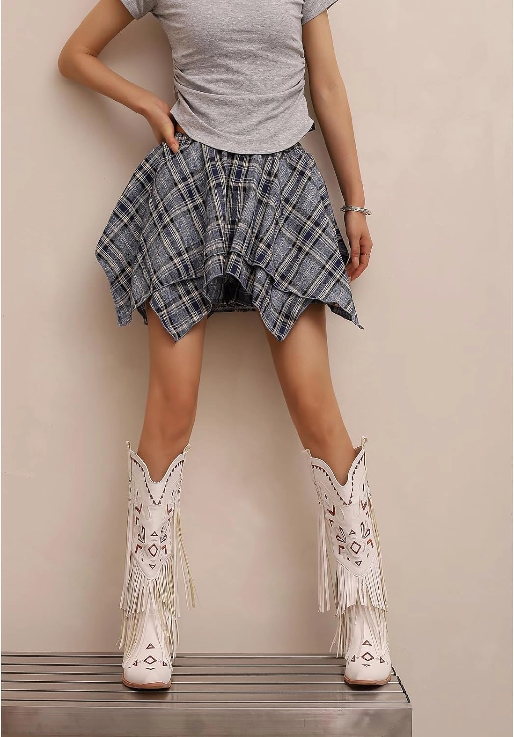 Kluolandi Fringe Cowboy Boots for Women Western Knee High Boots Embroidered Chunky Heel Retro Cowgirl Boots