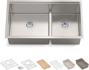 KOHLER Strive Smart Divide 32" Undermount Double-Bowl Workstation Kitchen Sink, Includes Accessories, 16-Gauge Stainless Steel, K-33664-PC-NA