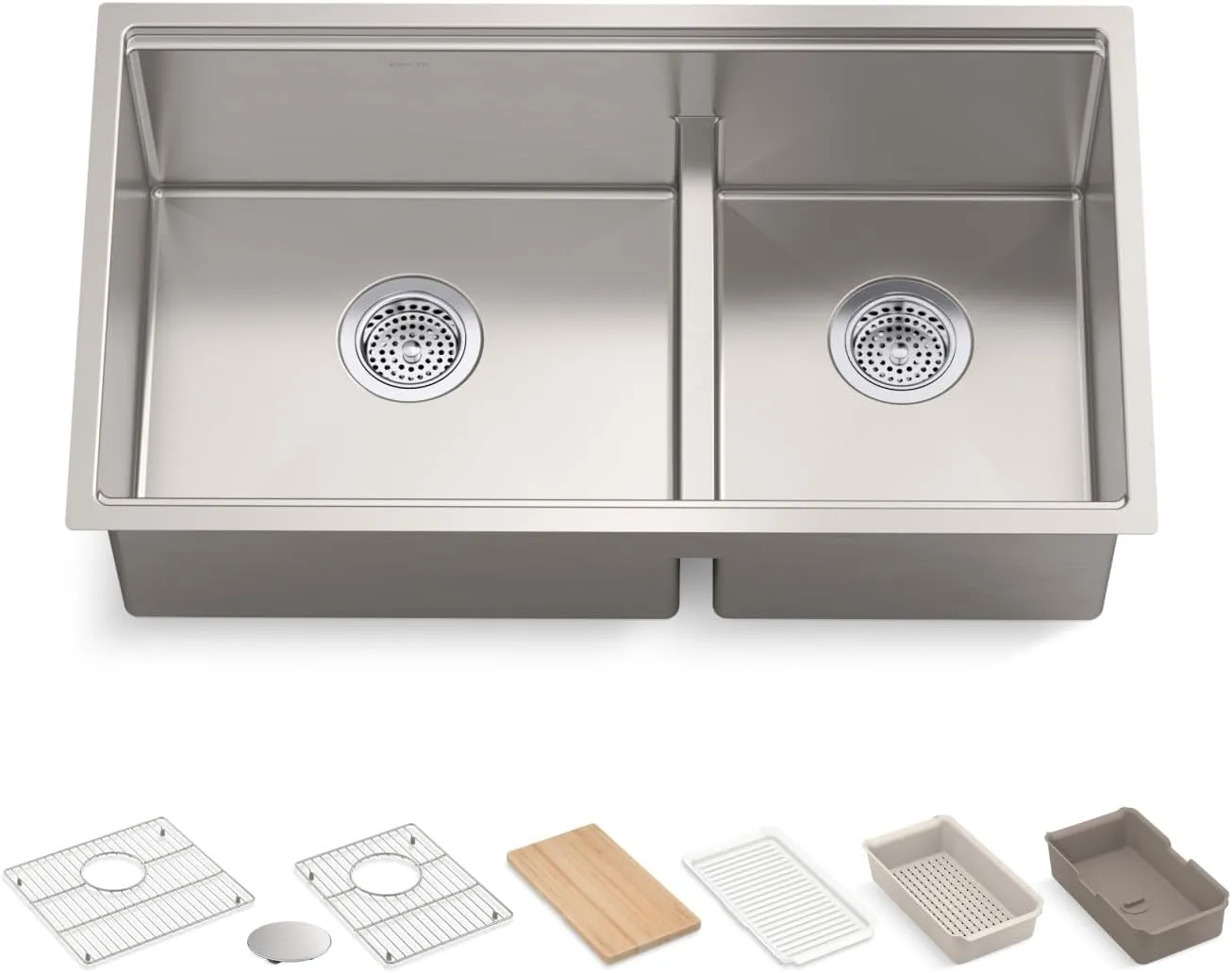KOHLER Strive Smart Divide 32" Undermount Double-Bowl Workstation Kitchen Sink, Includes Accessories, 16-Gauge Stainless Steel, K-33664-PC-NA