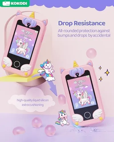 KOKODI Kids Smart Phone Toys, Birthday Gifts Unicorn Toddler Play Phone for Girls 3-10, Touchscreen HD Dual Camera Cell Phone for Kids, Travel Toy Preschool Learning Toy for Kids