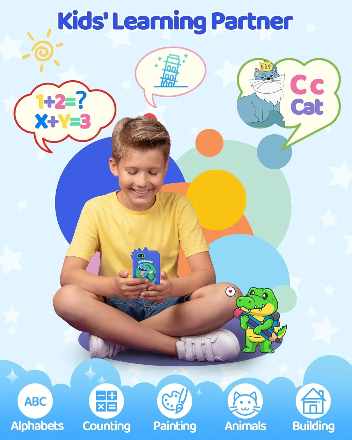 KOKODI Kids Smart Phone Toys, Touchscreen HD Dual Camera Cell Phone for Kids, Birthday Gifts Dinosaur Toddler Play Phone for Boys 3-10, Travel Learning Toy for Kids with 8GB SD Card(Navy Blue)