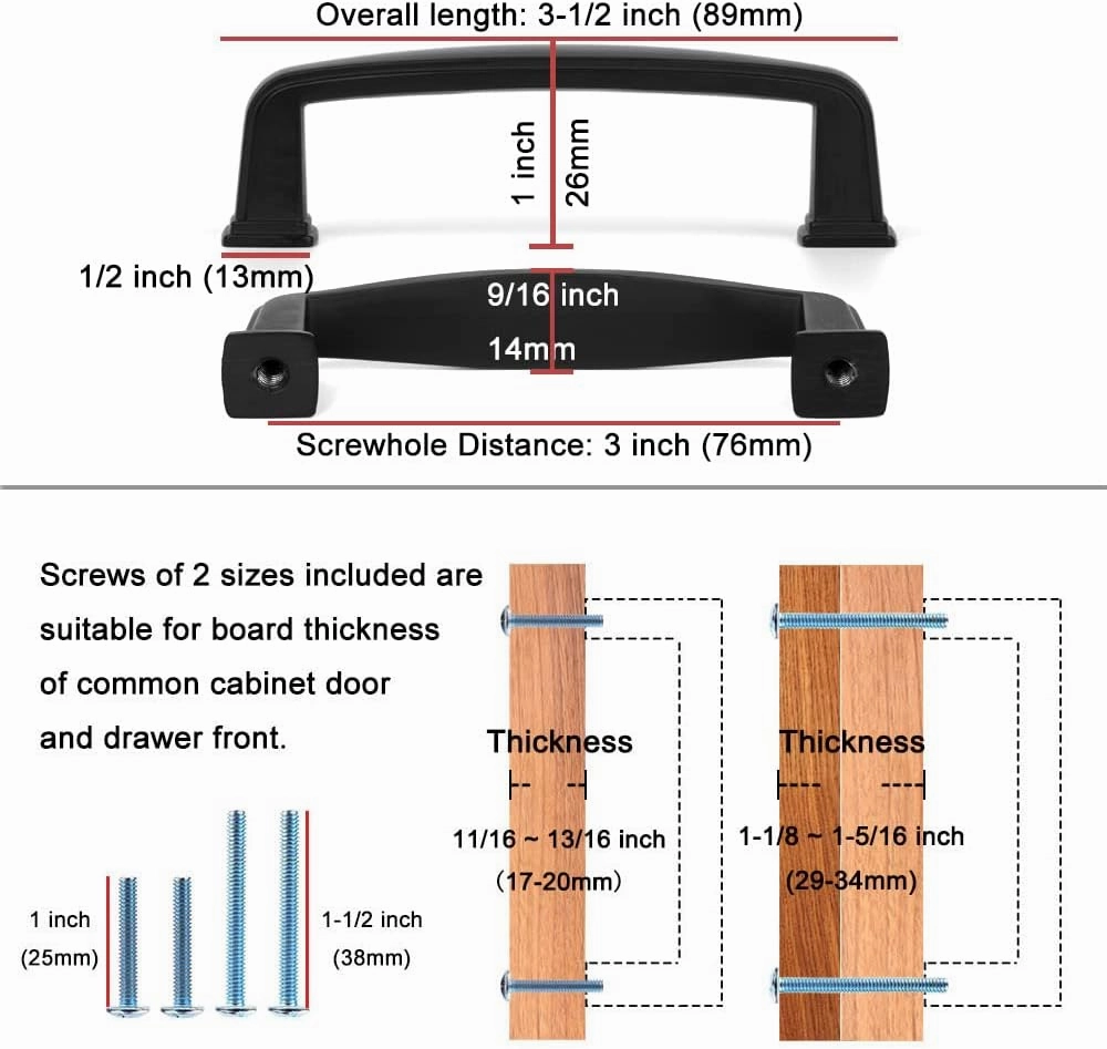 KOOFIZO Square Foot Cabinet Arch Pull - Black Furniture Handle, 3 Inch/76mm Screw Spacing, 10-Pack for Kitchen Cupboard Door, Bedroom Dresser Drawer, Bathroom Furniture Hardware