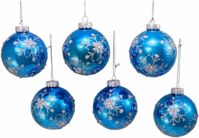 Kurt Adler 80MM Blue and Silver Glitter Snowflake Glass Ball Ornaments, 6 Piece Box