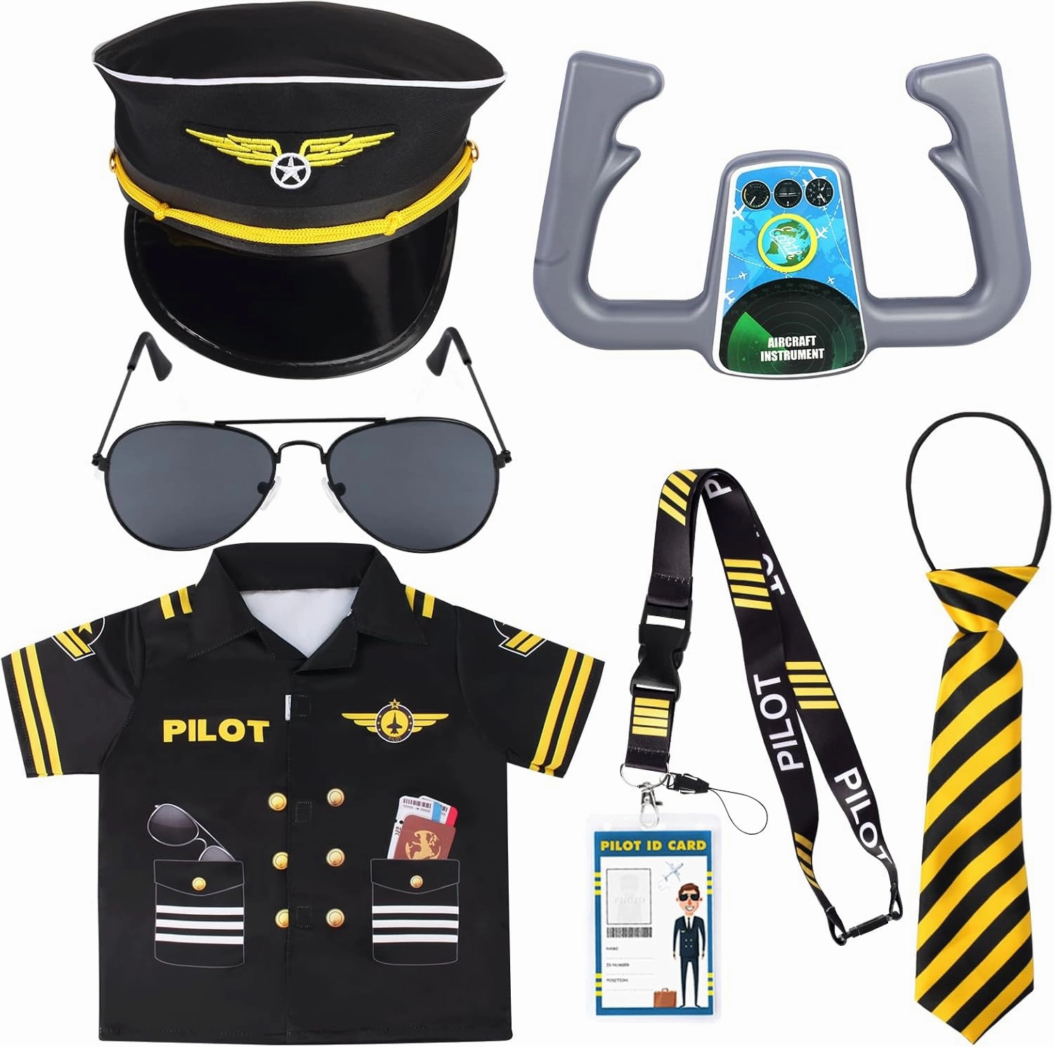 Kyson 7 Pcs Kids Pilot Costume Airline Captain Aviation Costume Dress up Accessories for Halloween Career Day Pretend Play