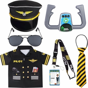Kyson 7 Pcs Kids Pilot Costume Airline Captain Aviation Costume Dress up Accessories for Halloween Career Day Pretend Play