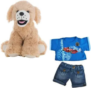 Labrador Retriever Dog Stuffed Animal – 16 Inch Soft Plush Toy with Racecar T-Shirt & Jeans, Cute Golden Lab Plushie for Kids, Dog Lovers & Collectors