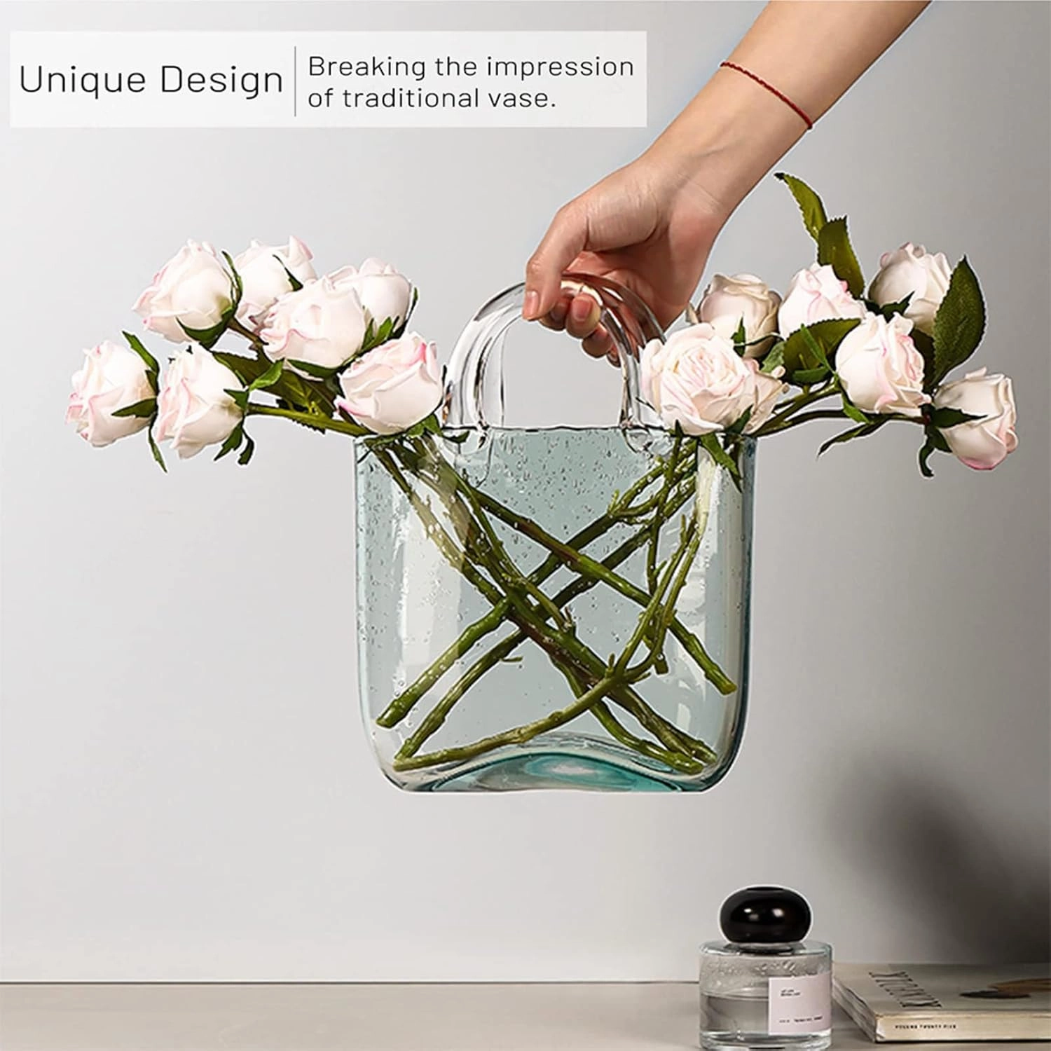 LAMPPE Handbag Vase, Glass Vases with Air Bubbles Purse Vase with Fish Bowl Handbag Flower Vase, Decor Glass Vase for Photo/Birthday/Home Décor,Style1-Transparent