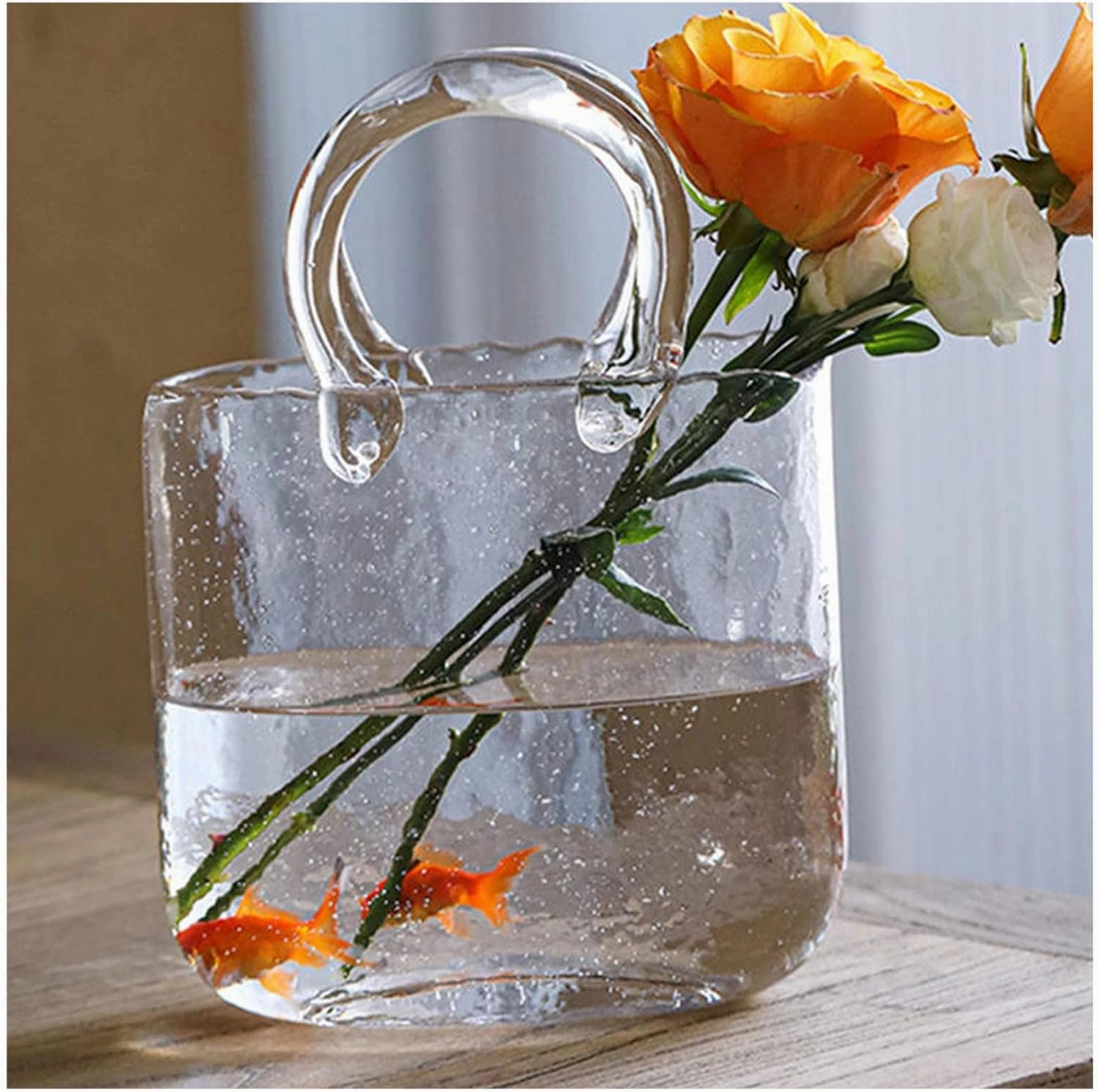 LAMPPE Handbag Vase, Glass Vases with Air Bubbles Purse Vase with Fish Bowl Handbag Flower Vase, Decor Glass Vase for Photo/Birthday/Home Décor,Style1-Transparent