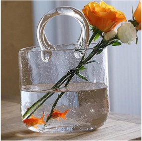 LAMPPE Handbag Vase, Glass Vases with Air Bubbles Purse Vase with Fish Bowl Handbag Flower Vase, Decor Glass Vase for Photo/Birthday/Home Décor,Style1-Transparent