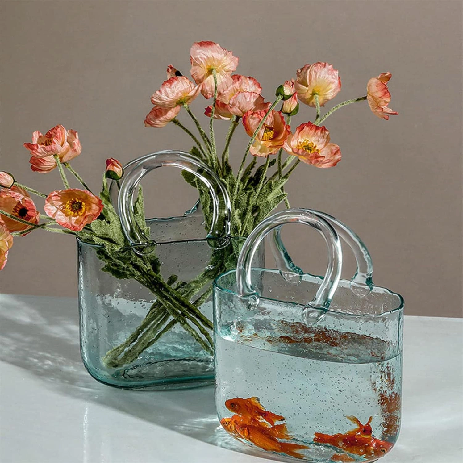 LAMPPE Handbag Vase, Glass Vases with Air Bubbles Purse Vase with Fish Bowl Handbag Flower Vase, Decor Glass Vase for Photo/Birthday/Home Décor,Style1-Transparent