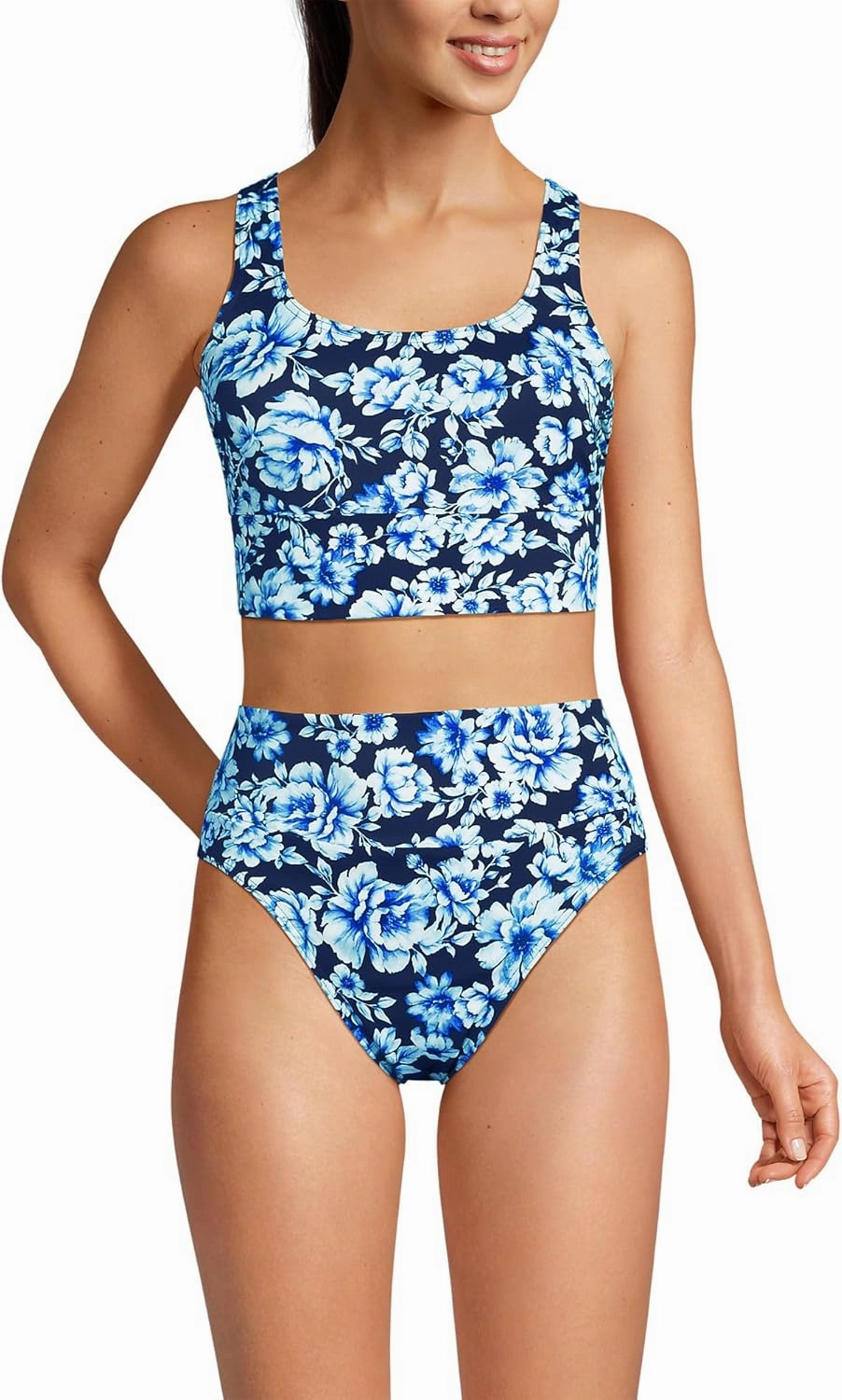 Lands' End Women's Tugless Tankini Top and High Waisted Bottom Swimsuit Set
