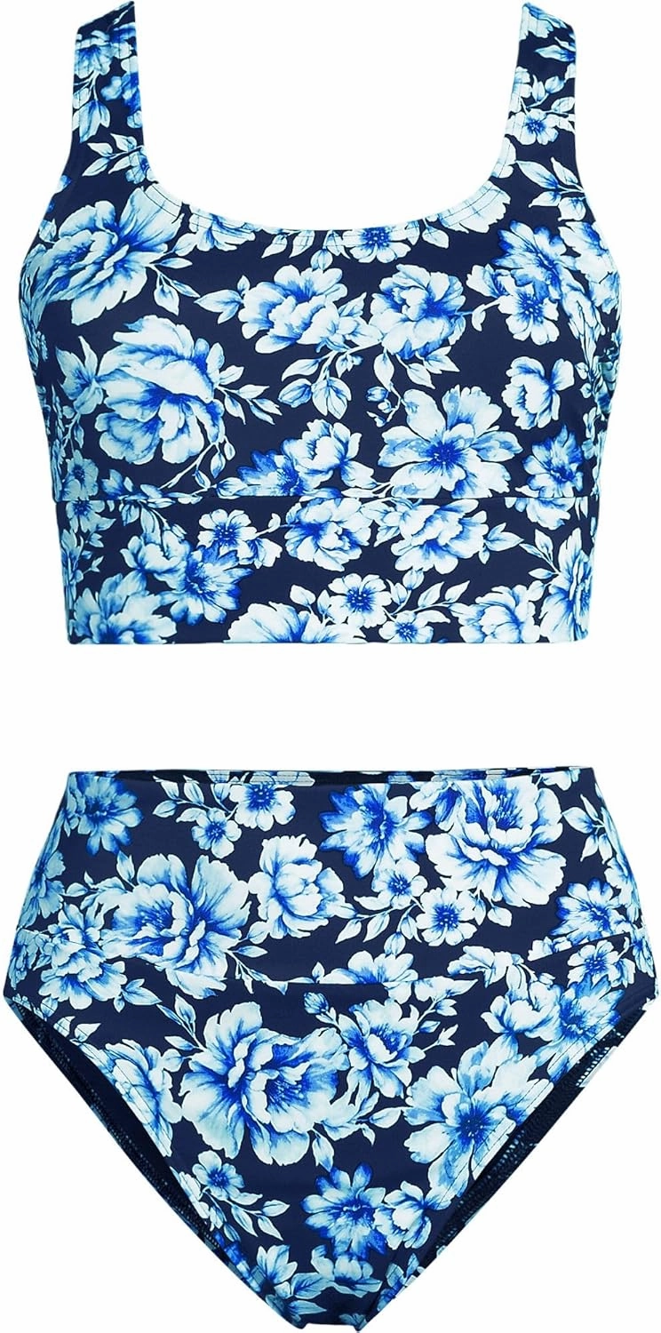 Lands' End Women's Tugless Tankini Top and High Waisted Bottom Swimsuit Set