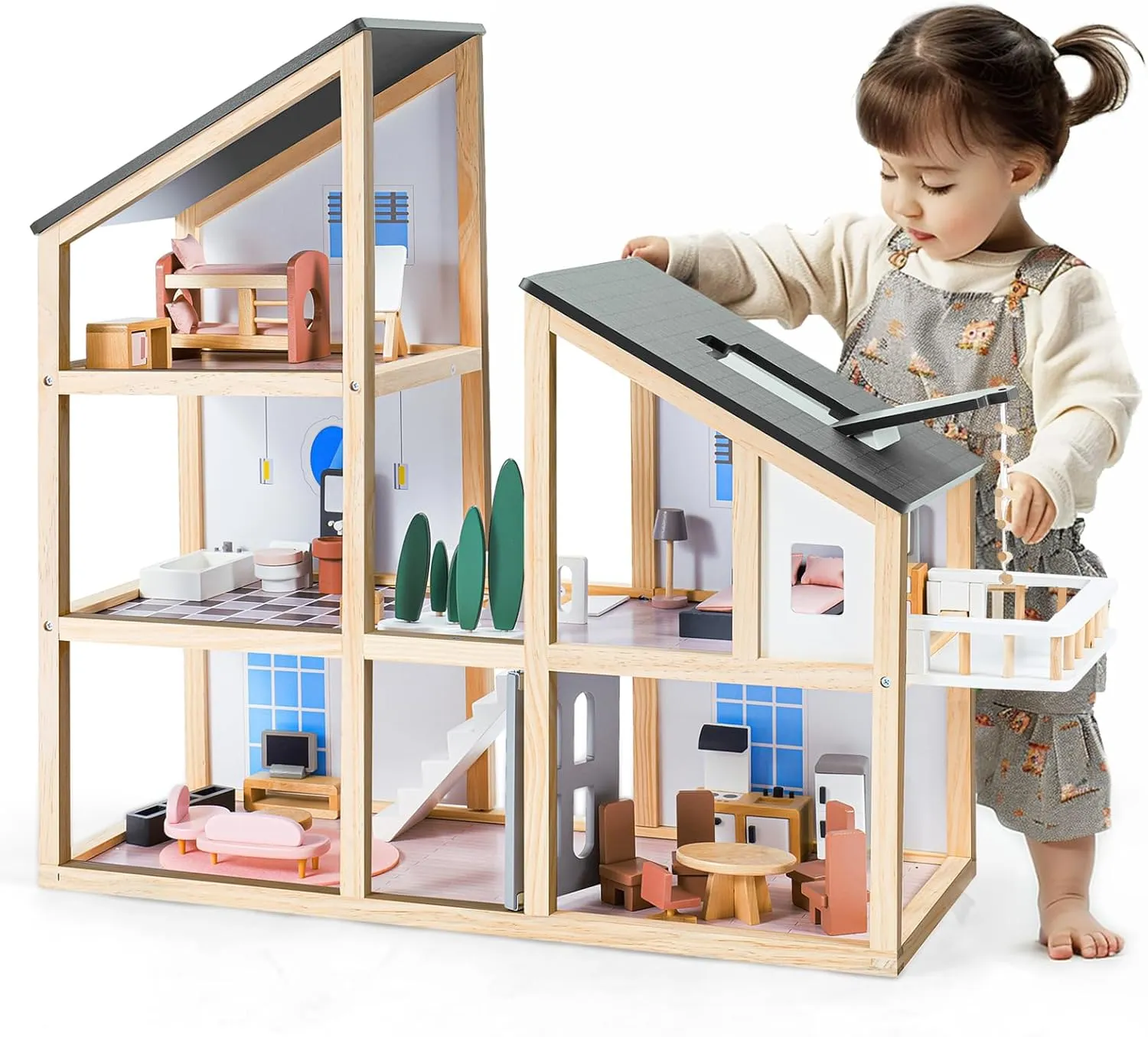 Large Wooden Doll House for Kids Ages 3 , Sturdy Modern Family Dollhouse Kit with Realistic Furniture Design, Educational Wooden Toy House for Toddlers Early Learning & Creative Play