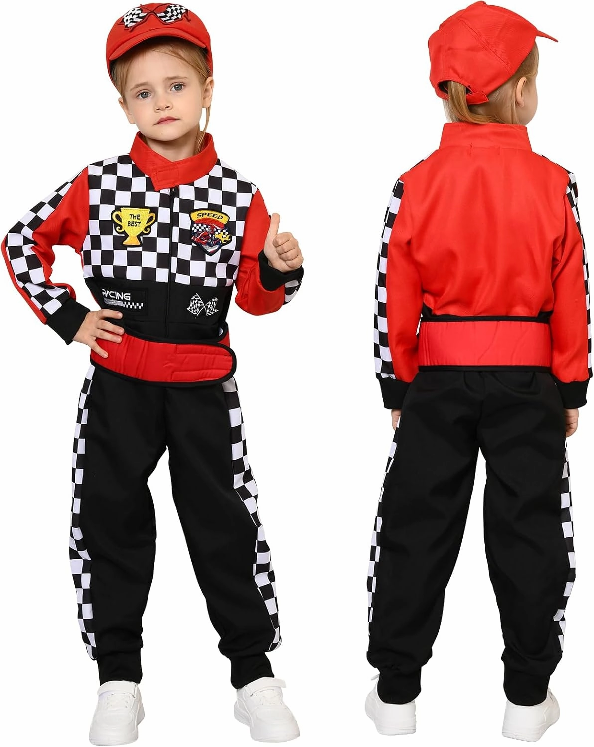 Latocos Kids Race Car Driver Costume Boys Girls Racer Jumpsuit With Car Cap Sunglasses Kids Dress Up Role Play for Halloween