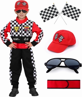 Latocos Kids Race Car Driver Costume Boys Girls Racer Jumpsuit With Car Cap Sunglasses Kids Dress Up Role Play for Halloween