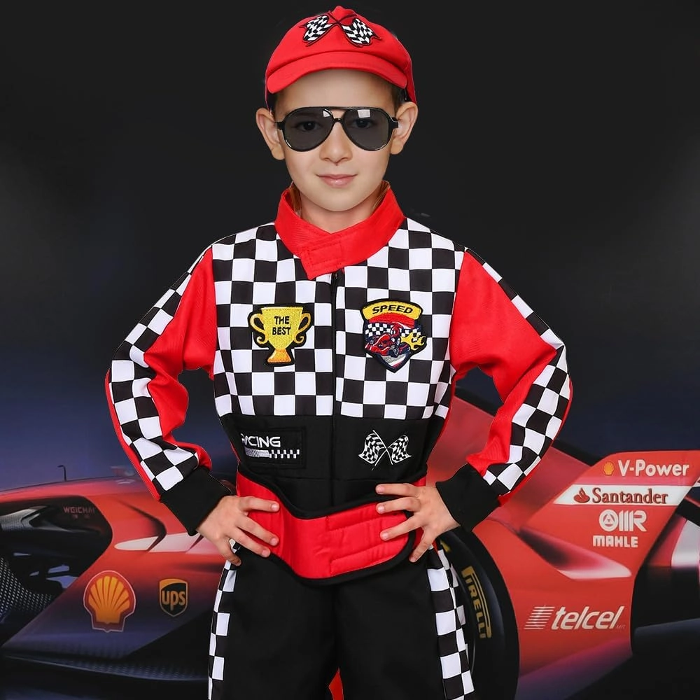 Latocos Kids Race Car Driver Costume Boys Girls Racer Jumpsuit With Car Cap Sunglasses Kids Dress Up Role Play for Halloween