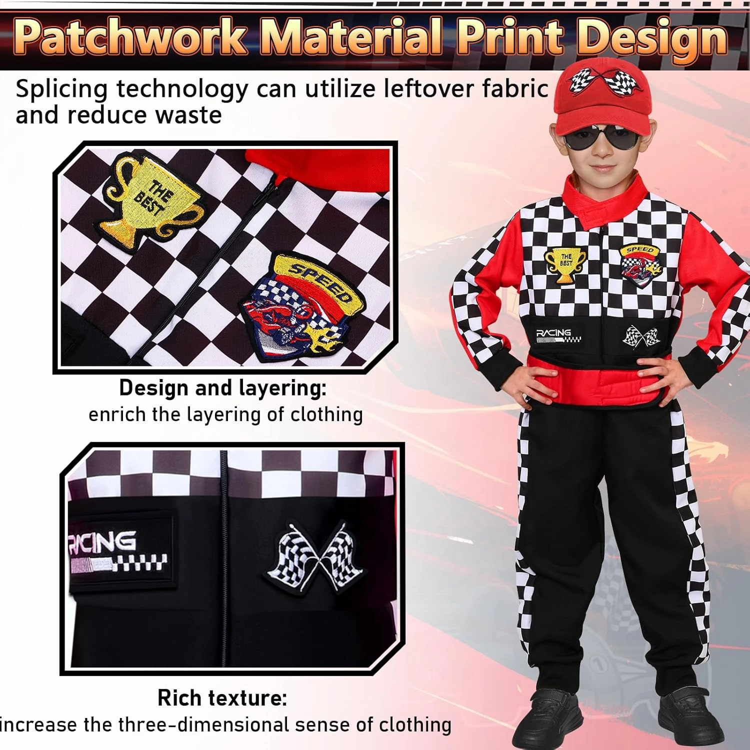 Latocos Kids Race Car Driver Costume Boys Girls Racer Jumpsuit With Car Cap Sunglasses Kids Dress Up Role Play for Halloween