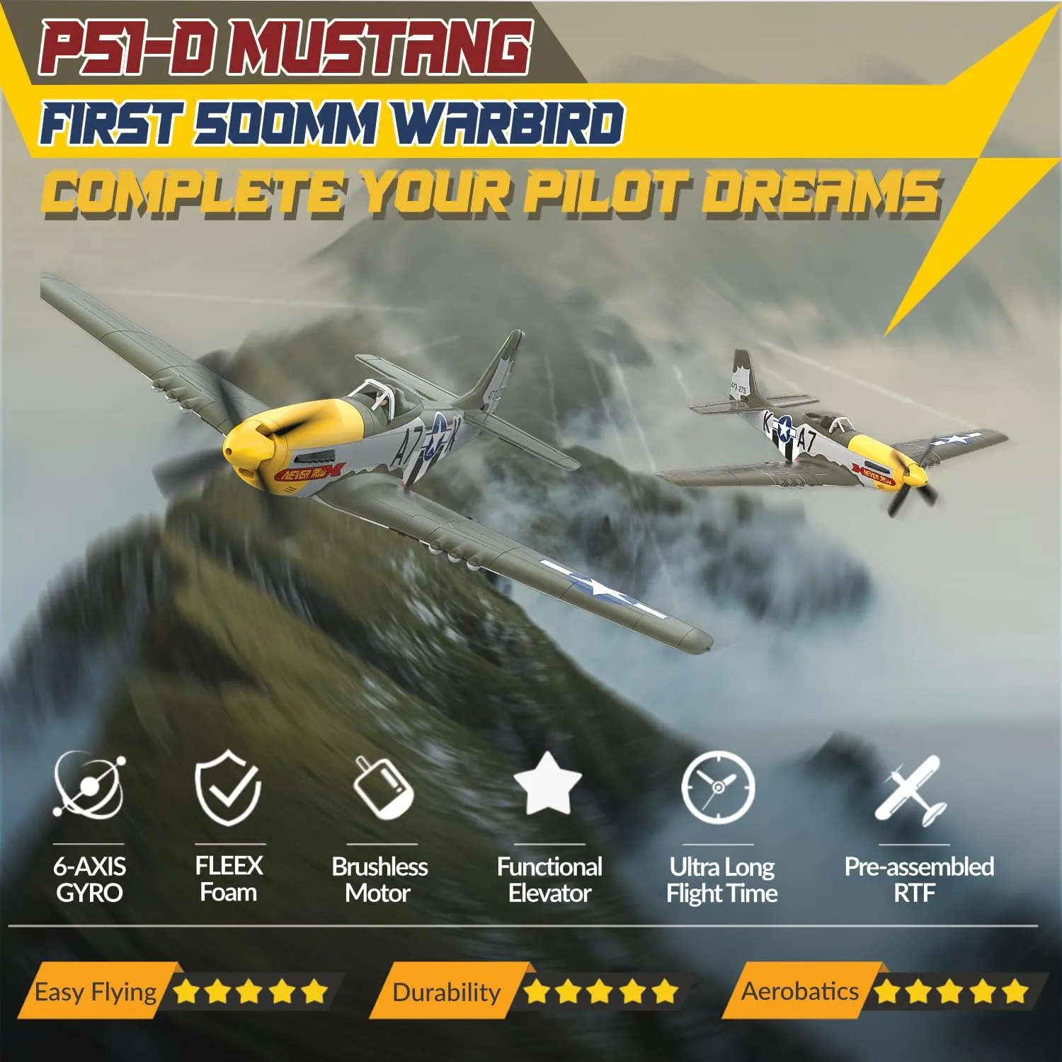 LEAMBE Brushless 4 Channel RC Plane P51D Mustang 500mm Remote Control Airplane Fighter RTF with 6-Axis Gyro, 3 Modes & Aerobatics, 2.4GHz Radio Controlled Aircraft for Beginners & Adults