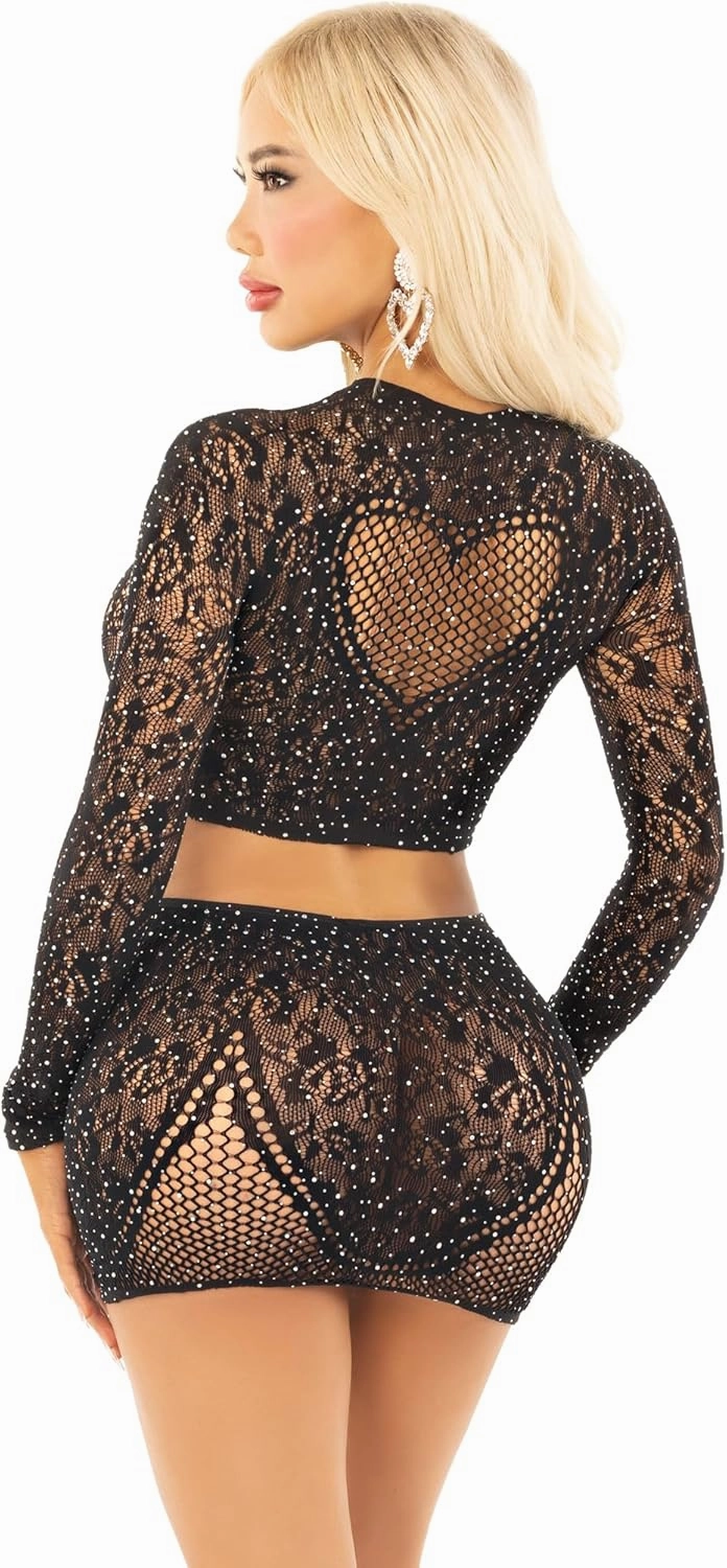 Leg Avenue womens Rhinestone Lace and Net Crop Top Mini Skirt