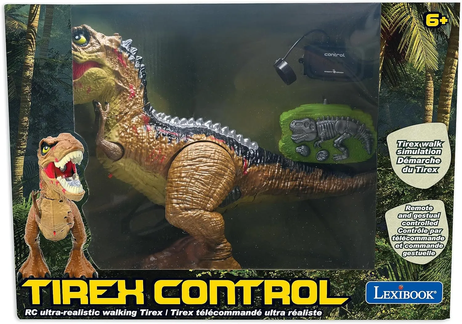 Lexibook - RC Tyrannosaurus Control, Realistic Dinosaur, Articulated Movements, Roaring, Smoke Spit, Luminous Effects, Rechargeable, Fossil and Wrist Remote Controls Included, DINO02
