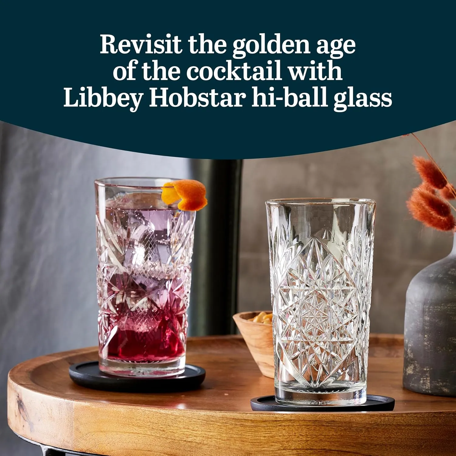 Libbey Hobstar Cooler Glasses, Cut Glass Drinking Glasses Set of 4, Hi-Ball Textured Drinking Glasses, 16 oz Cocktail Glass Set for Soda, Mixed Drinks