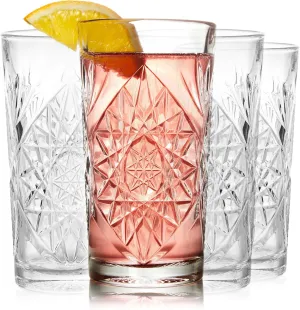 Libbey Hobstar Cooler Glasses, Cut Glass Drinking Glasses Set of 4, Hi-Ball Textured Drinking Glasses, 16 oz Cocktail Glass Set for Soda, Mixed Drinks