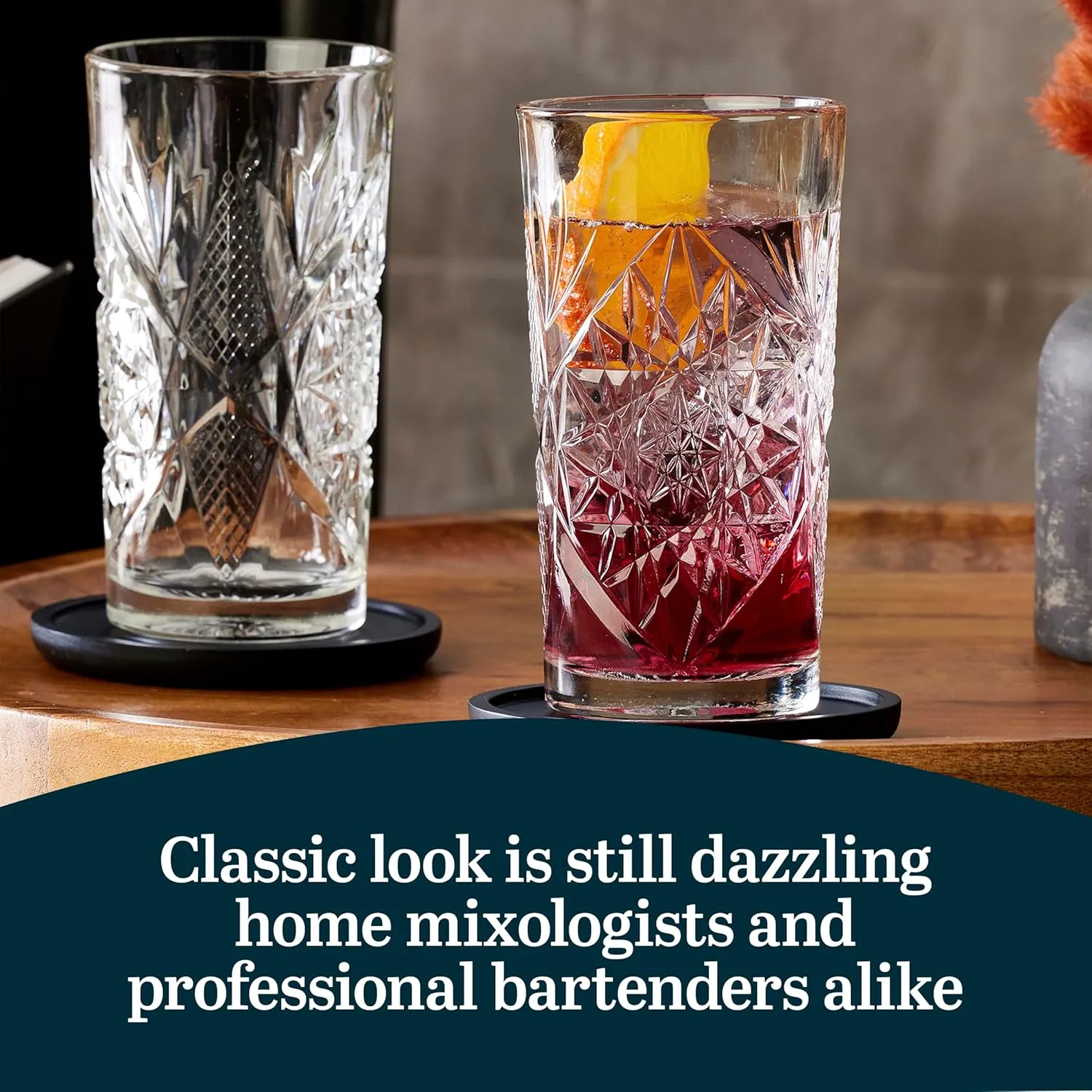 Libbey Hobstar Cooler Glasses, Cut Glass Drinking Glasses Set of 4, Hi-Ball Textured Drinking Glasses, 16 oz Cocktail Glass Set for Soda, Mixed Drinks