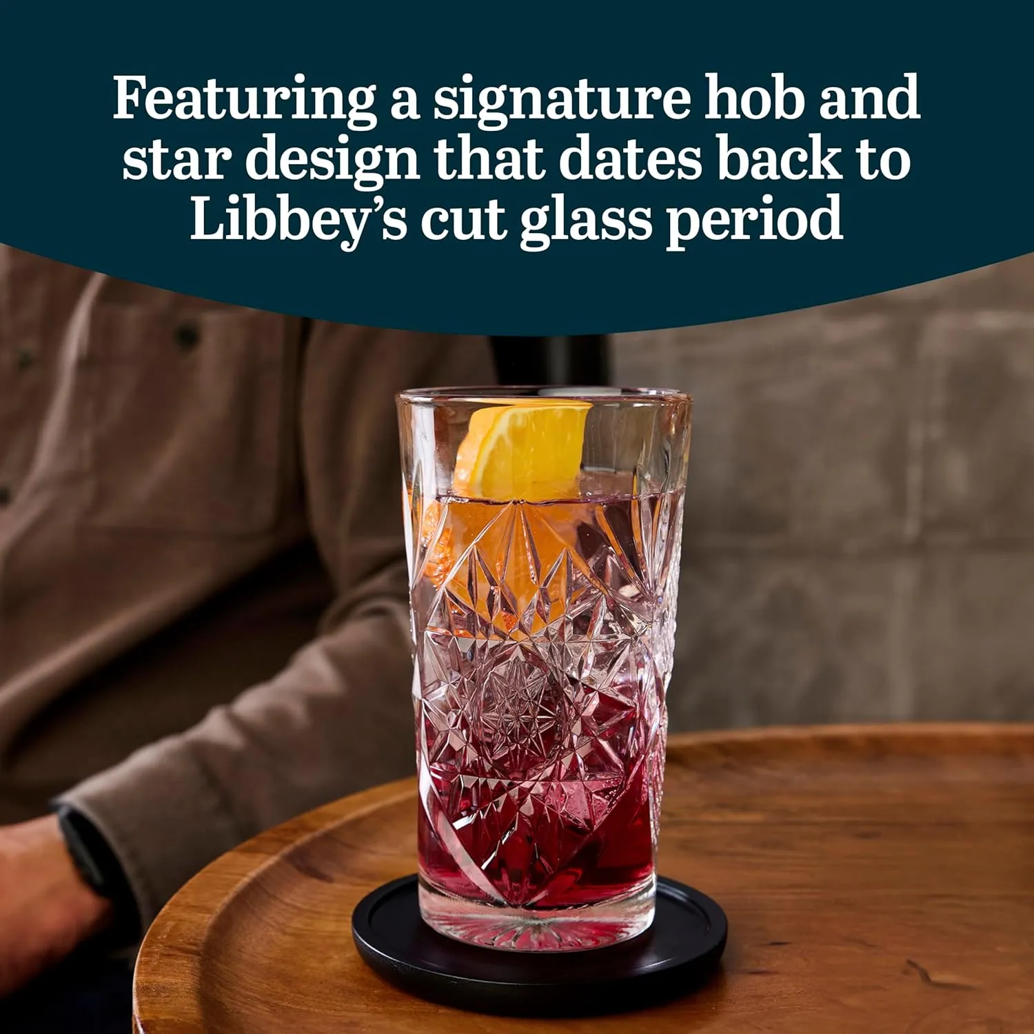 Libbey Hobstar Cooler Glasses, Cut Glass Drinking Glasses Set of 4, Hi-Ball Textured Drinking Glasses, 16 oz Cocktail Glass Set for Soda, Mixed Drinks