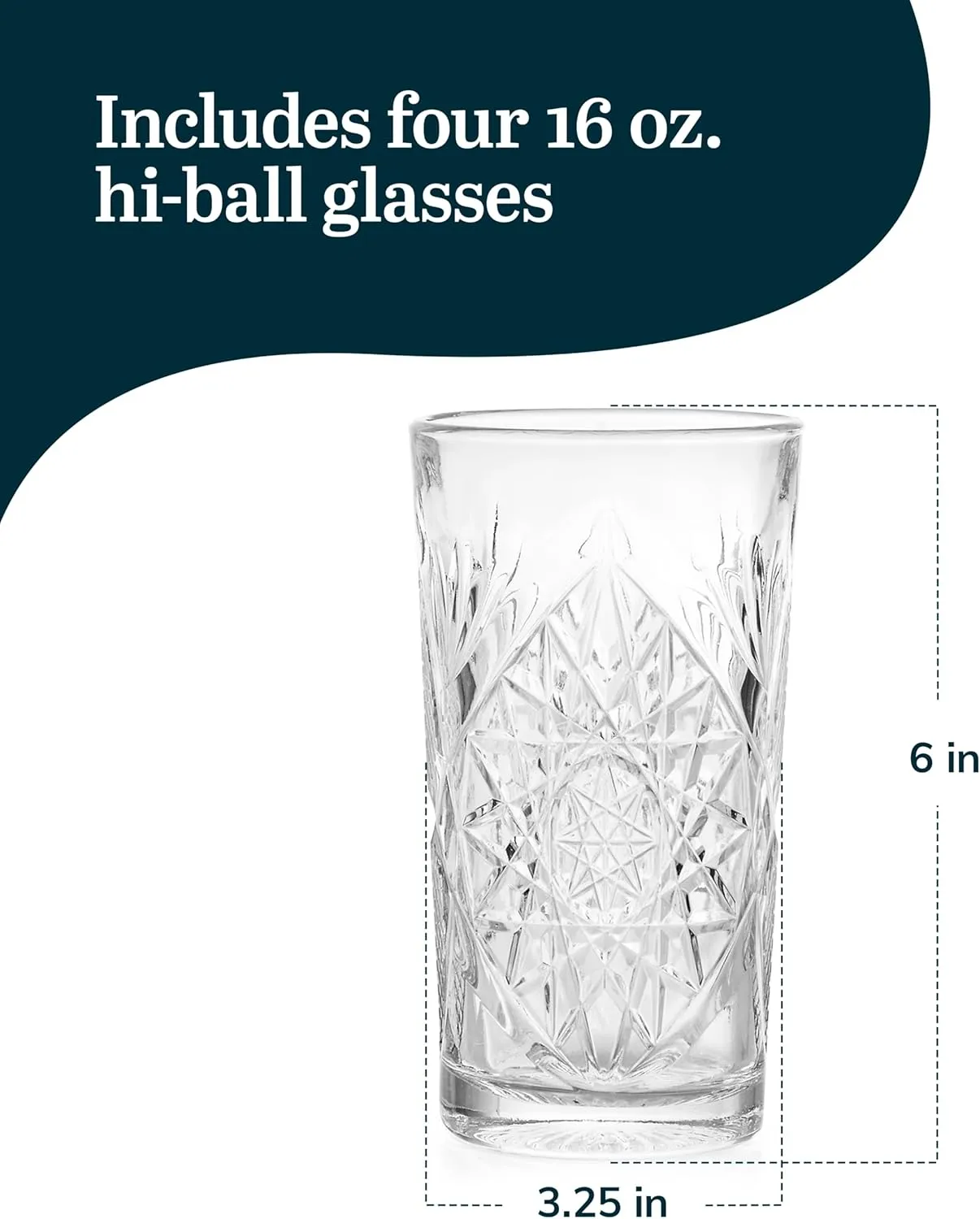 Libbey Hobstar Cooler Glasses, Cut Glass Drinking Glasses Set of 4, Hi-Ball Textured Drinking Glasses, 16 oz Cocktail Glass Set for Soda, Mixed Drinks