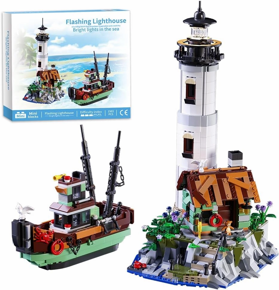 Lighthouse Building Block Adults Sets with Lighting, The Island Lighthouse Modular Architecture Construction Building Model Set Present for, (1480 Pcs)