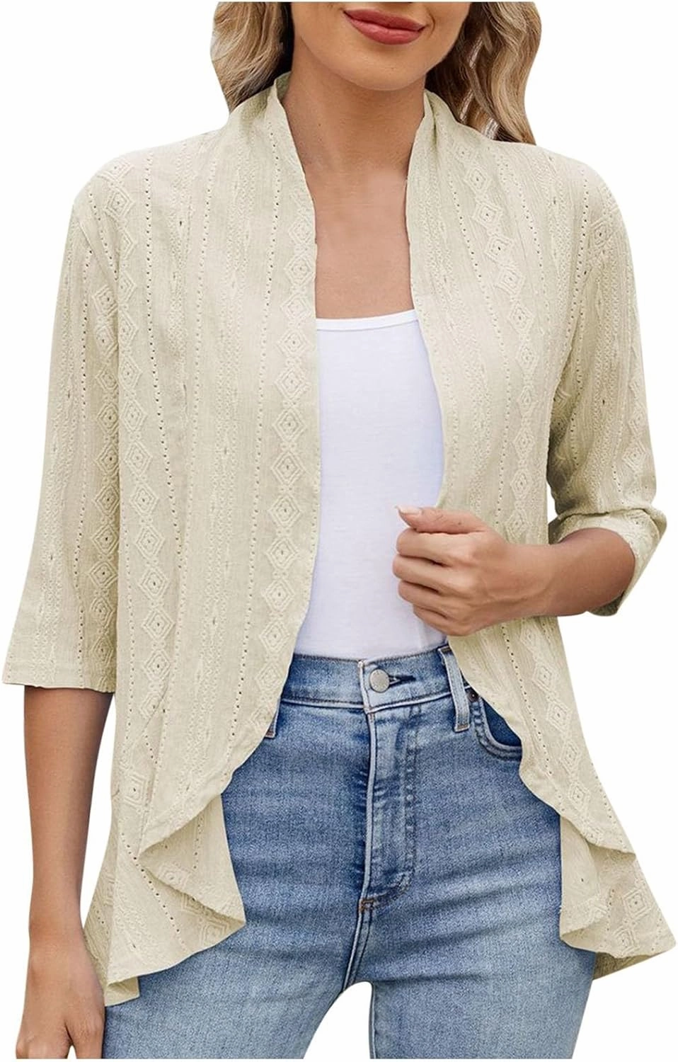 Lightweight Summer Cardigan for Women Netted Knit Ruffle Half Sleeve Kimono Cover Ups Stylish Resort Wear