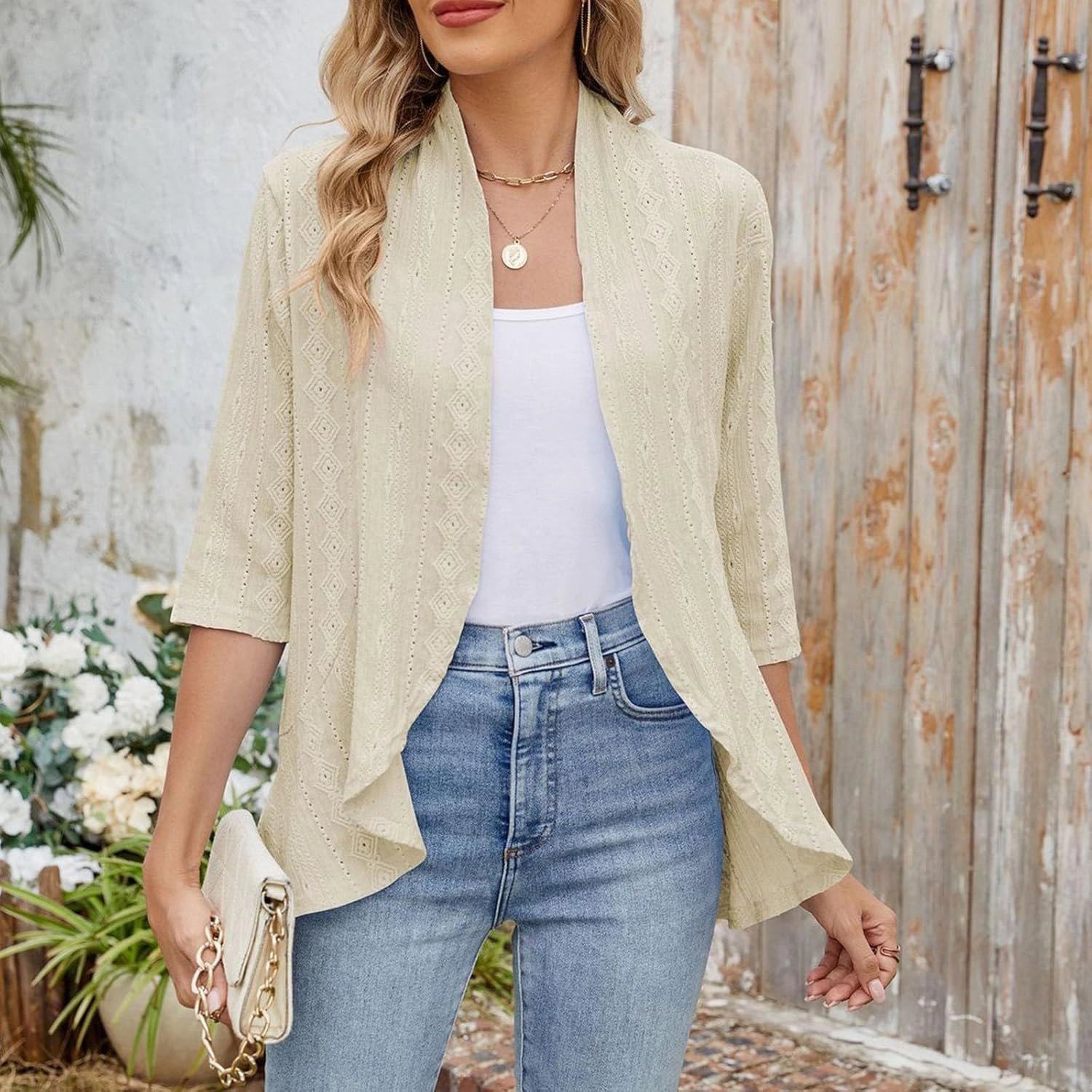 Lightweight Summer Cardigan for Women Netted Knit Ruffle Half Sleeve Kimono Cover Ups Stylish Resort Wear