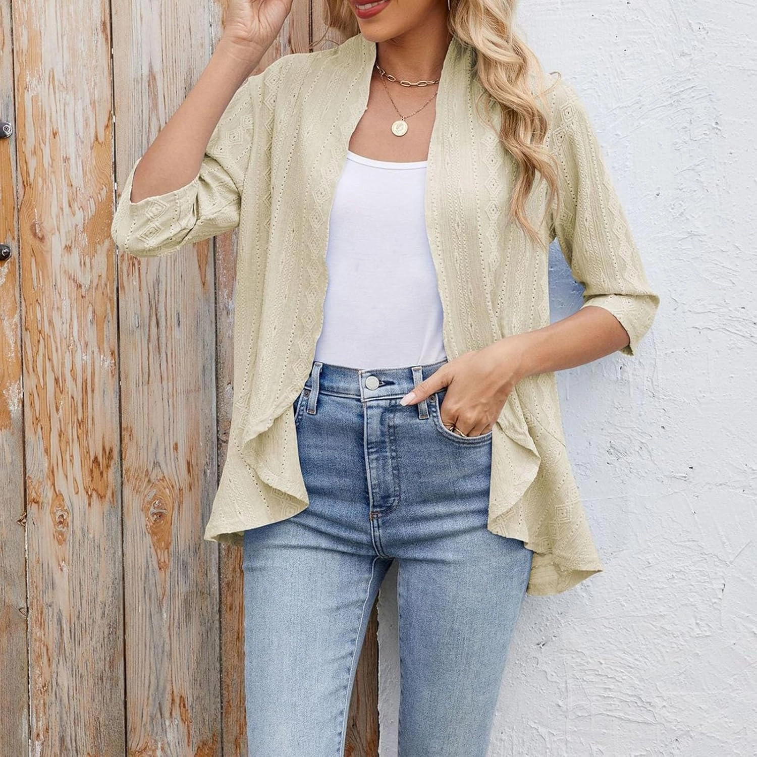 Lightweight Summer Cardigan for Women Netted Knit Ruffle Half Sleeve Kimono Cover Ups Stylish Resort Wear