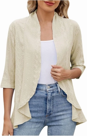 Lightweight Summer Cardigan for Women Netted Knit Ruffle Half Sleeve Kimono Cover Ups Stylish Resort Wear