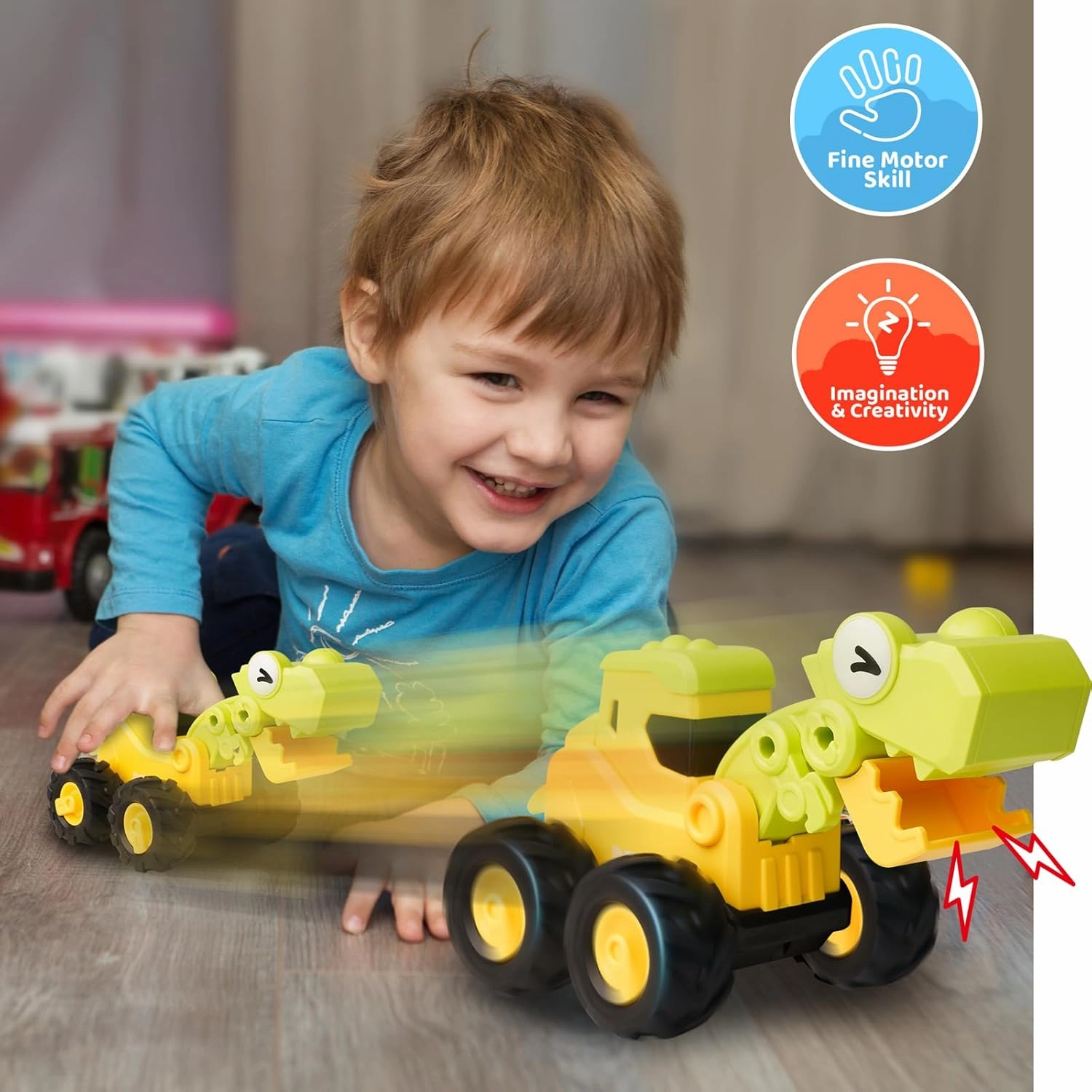 LiKee Dinosaur Toy Cars for Toddlers 1-3 Boys, Large Construction Toys Truck for Kids 2-4 Birthday Gift, 4 Pcs Press Go Vehicles Playset, Push and Go Friction Racing Cars for 18  Months Baby Infant