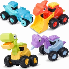 LiKee Dinosaur Toy Cars for Toddlers 1-3 Boys, Large Construction Toys Truck for Kids 2-4 Birthday Gift, 4 Pcs Press Go Vehicles Playset, Push and Go Friction Racing Cars for 18  Months Baby Infant